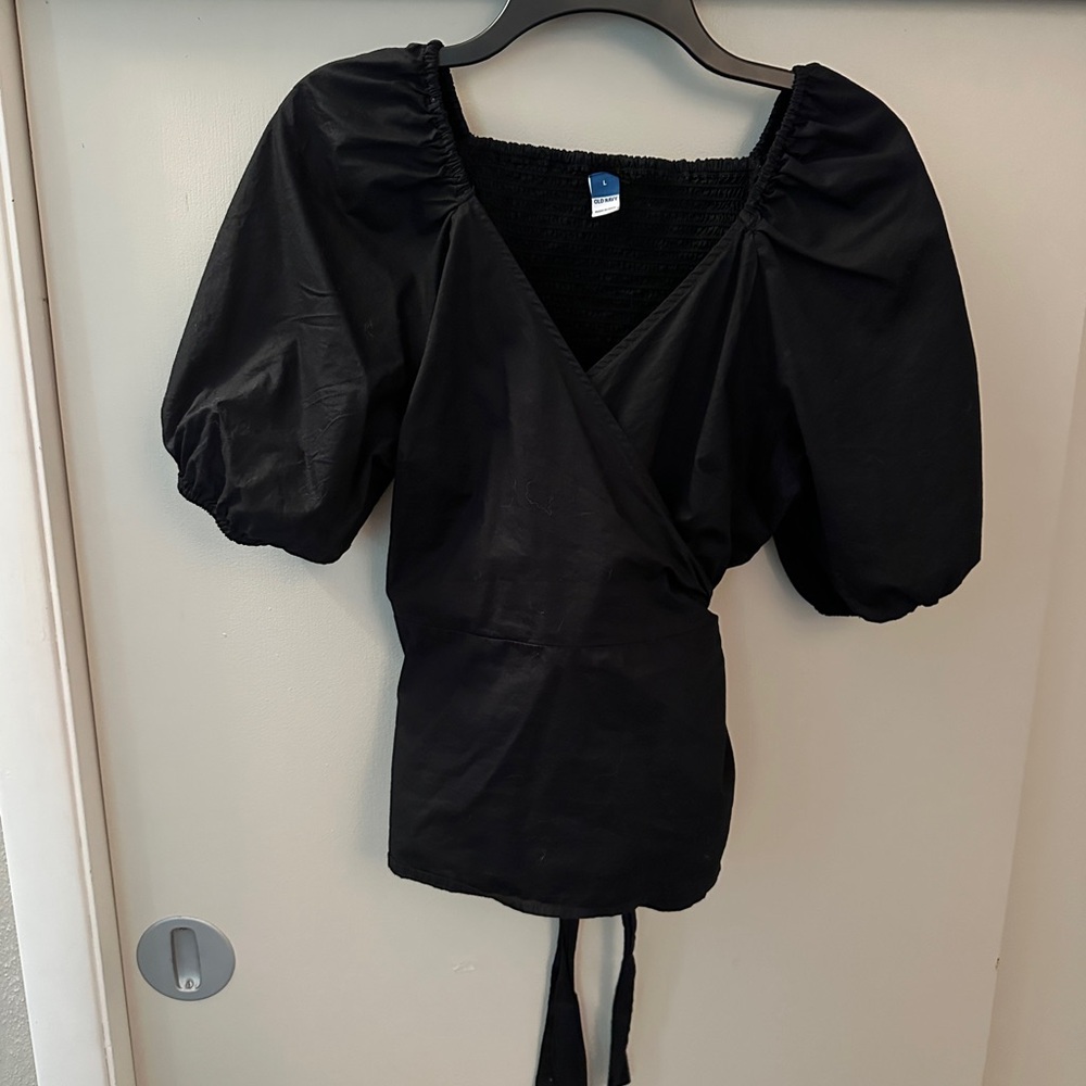 Black Puff Sleeve Wrap Top